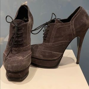 Ysl Lace Up Seppia Tribute Suede Platform Pumps 37